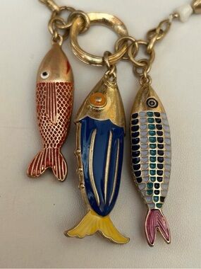 Enamel Fish Charm Necklace. Coral, pearl, gold beads. Approximately 16 inches.